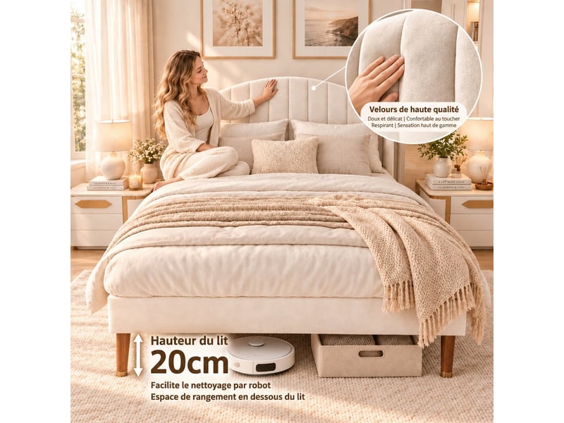 Lit double 140x190 en velours beige, lit adulte rembourré, sommier à lattes, tête de lit épaisse,lit 2 places  - Conforama C
