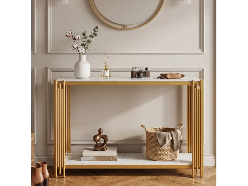 Console ulevr avec 2 niveaux de rangement, 123,5 x 33,5 x 80 cm, plateau mdf décor marbre blanc et structure métal doré - Conforama B