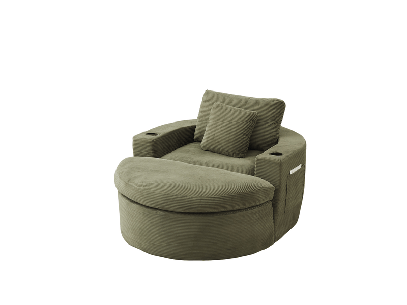  Fauteuil lounge rond avec repose-pieds – vert – velours côtelé, rangement latéral et porte-gobelets  - Conforama C