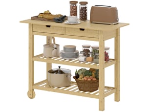 Desserte de cuisine à roulettes en bambou, chariot de cuisine avec 2 tiroirs, 2 étagères, bois naturel, 100 x 43 x 75 cm