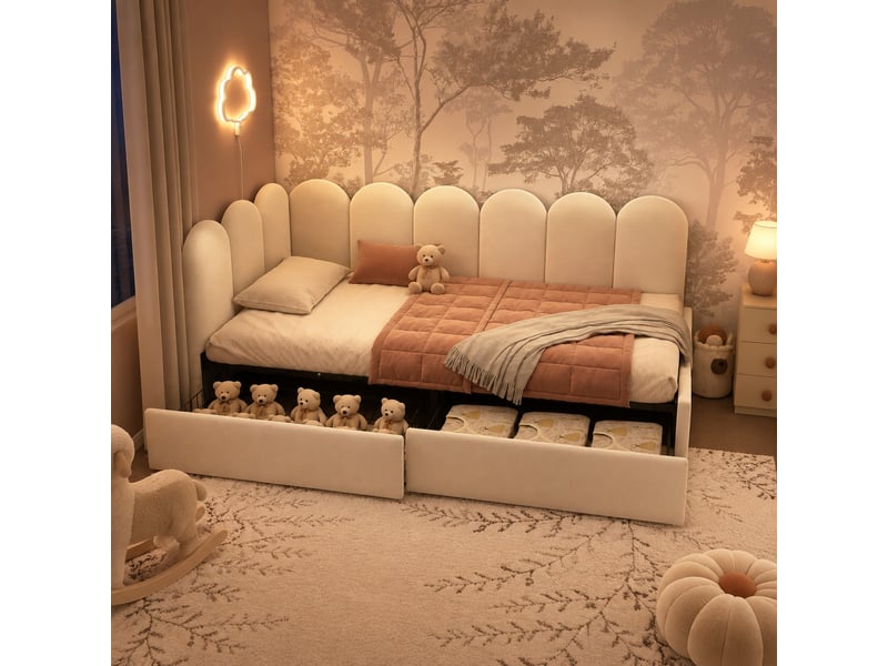  Lit simple 90x200 cm avec 2 tiroirs en velours beige  - Conforama C