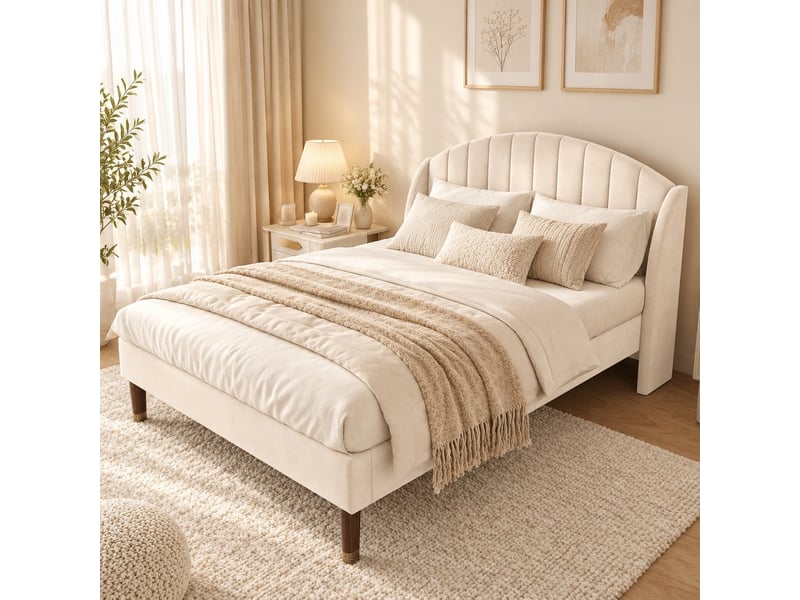  Lit double 140x190 en velours beige, lit adulte rembourré, sommier à lattes, tête de lit épaisse,lit 2 places  - Conforama B