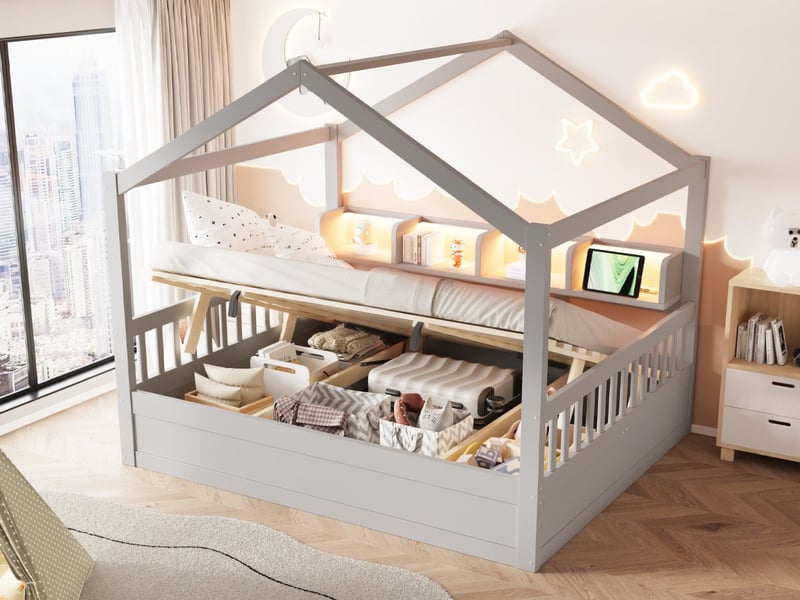  Lit cabane en bois, 140 × 200 cm, avec espace de rangement hydraulique, équipé de tablettes et bande lumineuse, gris  - Conforama B