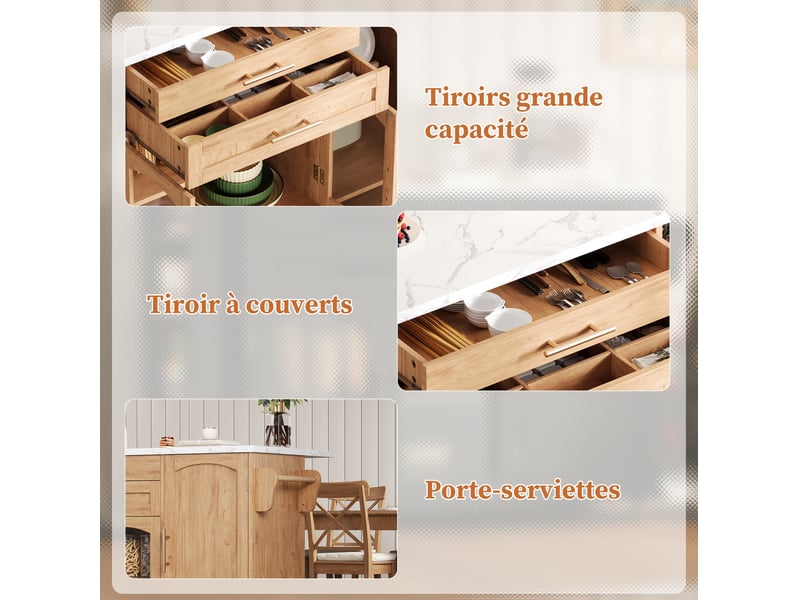  Desserte de cuisine avec plateau rabattable, 2 portes, 2 tiroirs et 5 roulettes, effet bois naturel, 120 × 45 × 90 cm  - Conforama E