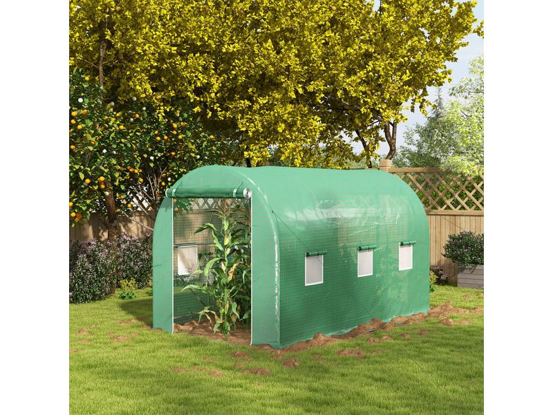  Serre de jardin tunnel surface sol 8 m² 4l x 2l x 2,05h m châssis tubulaire porte zippée 6 fenêtres enroulables vert  - Conforama D