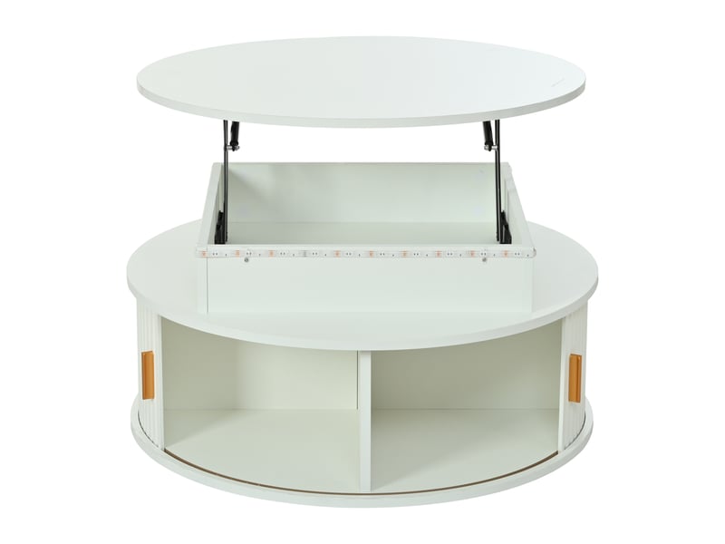Table basse ronde relevable avec led et rangement – mdf blanc – ø 75 cm, h. 36,5 à 52 cm - Conforama E