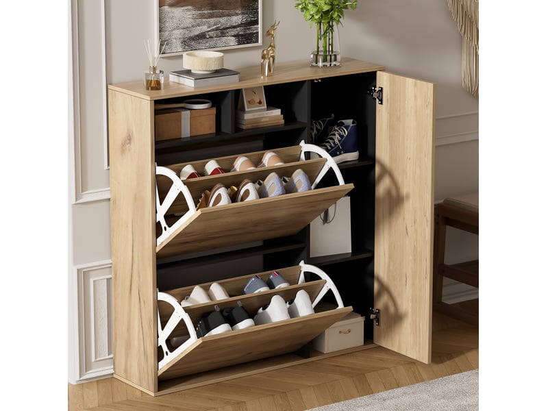  Meuble à chaussures 2 abattants et 1 porte 90x24x94 cm naturel et noir  - Conforama B