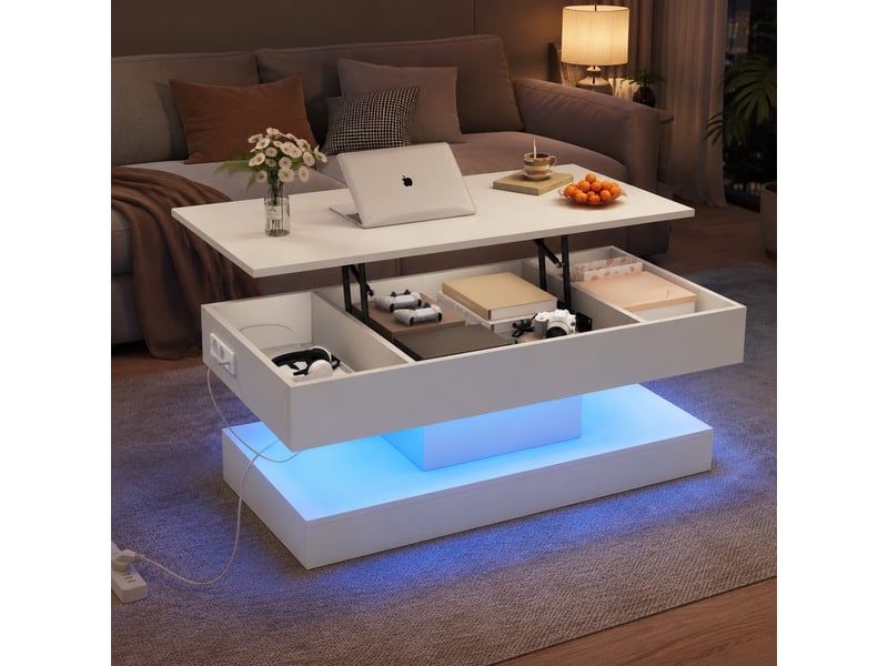  Table basse relevable led avec rangement caché et prises pour salon 100×50×42 cm en panneaux de particules blanc  - Conforama B
