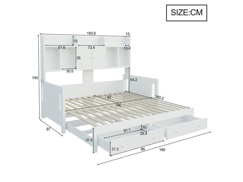  Lit combiné 90x190 cm convertible multifonction bois avec tiroirs etageres armoires compartiments prises led lit invite blanc  - Conforama C