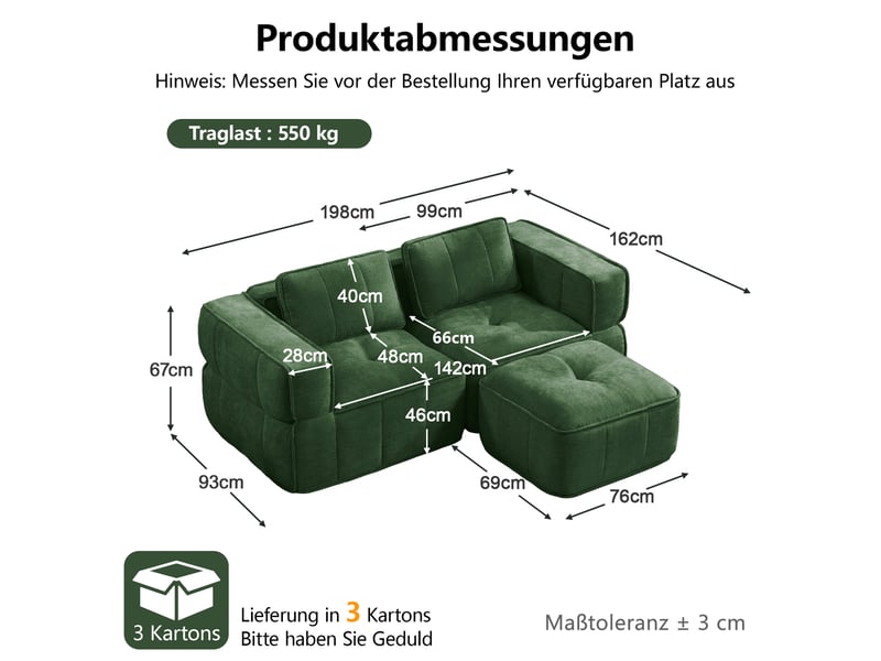 Canapé modulable d’angle en l 2 places en polyester vert, 198 x 162 x 67 cm, sans montage, mousse haute densité 32d, assise profonde, avec pouf Luxe haut de gamme - Conforama C
