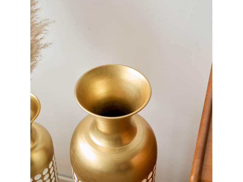 Lot de 3 vases de sol en métal doré et blanc, h 83,01 cm, décor à pois, fleurs séchées et pampas - Conforama E