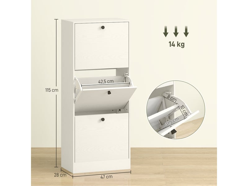  Meuble à chaussures à 3 portes battantes, étagères réglables et design compact, 47 x 28 x 115 cm, blanc finition bois  - Conforama D