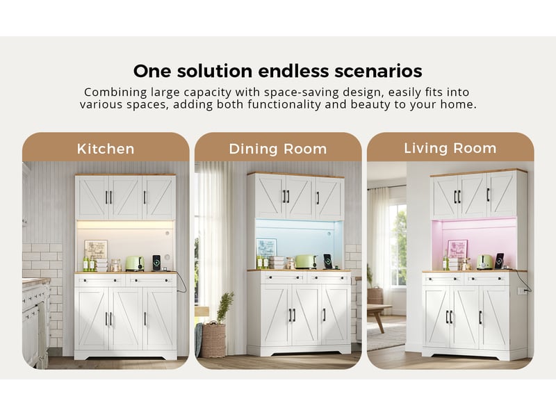  Buffet de cuisine en mdf 100x40x180 cm, organiseur coulissant, 2 tiroirs, balconnets de porte, led et prises usb  - Conforama E