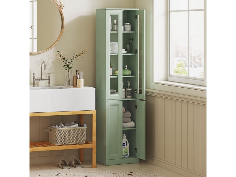  Meuble de salle de bain à 6 niveaux, unité de rangement avec 4 portes à fermeture amortie et étagères réglables, vert  - Conforama C