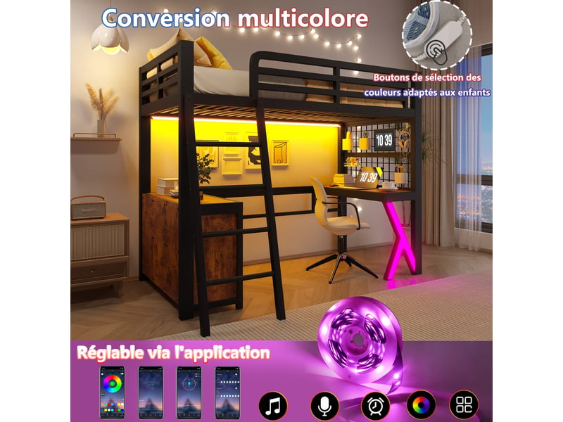  Lit mezzanine 90 x 200 cm, table, bande lumineuse led, armoire de rangement, sans matelas, noir  - Conforama E