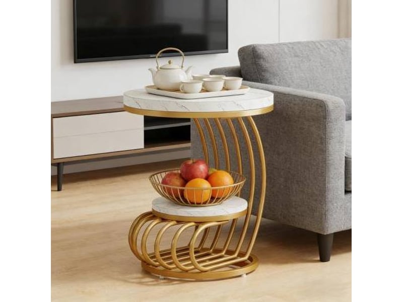  Table basse ronde double plateau effet marbre blanc et métal doré evryae  - Conforama B