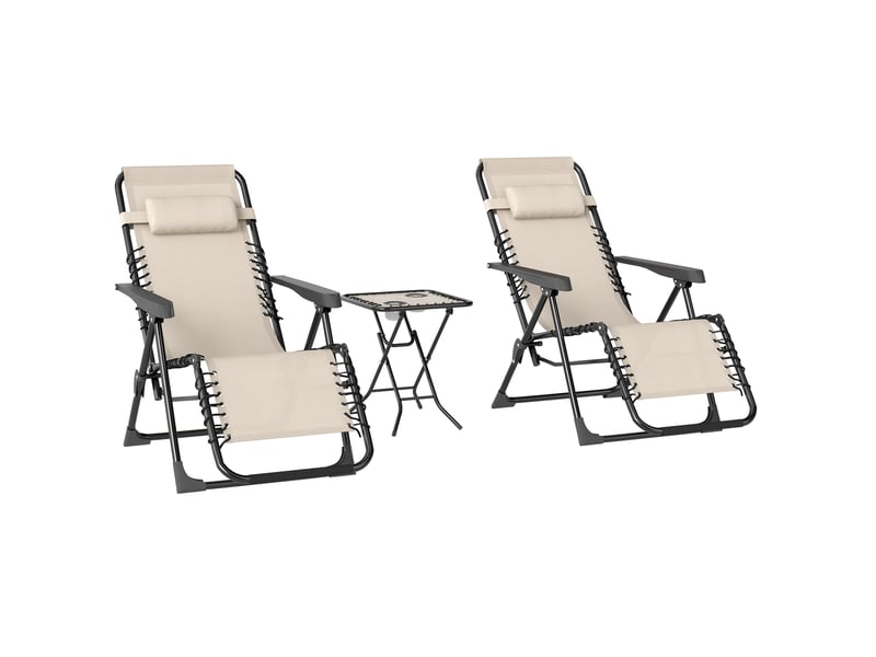  Lot de 2 chaise longue pliable et inclinable avec table d'appoint, porte-gobelets et appuie-têtes, charge 120 kg, beige  - Conforama A