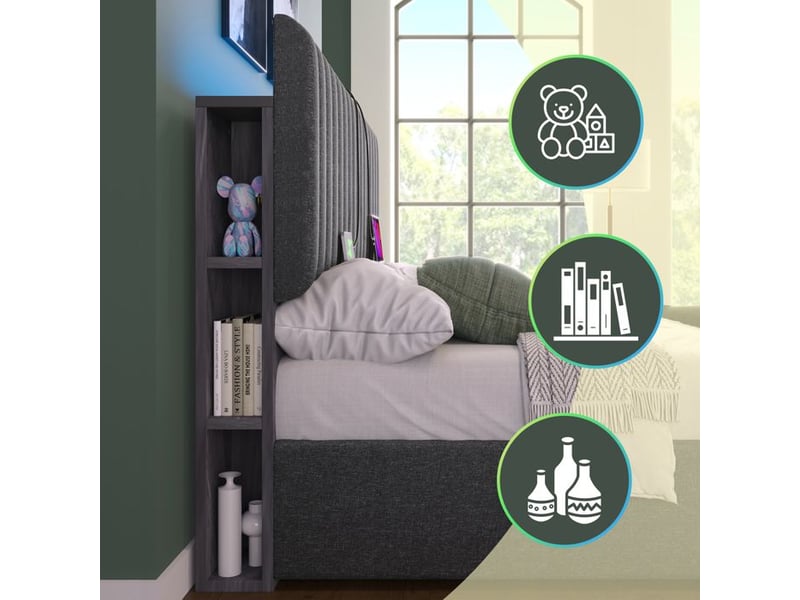  Lit double rembourré - 160x200 cm - gris - led contrôlées par application - rangement intégré  - Conforama C