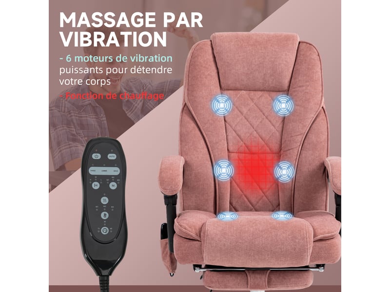  Fauteuil de bureau massant et chauffant hauteur réglable dossier inclinable télécommande repose-pieds rétractable rose  - Conforama E