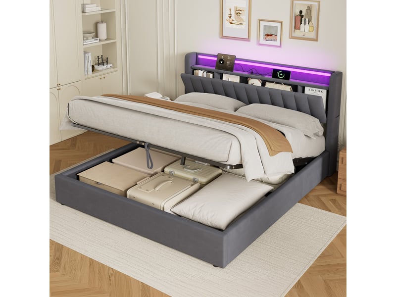 Lit rembourré 180x200 avec rangement, led et port usb cravdom - Conforama B
