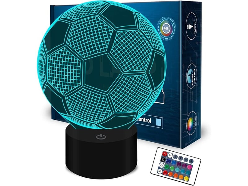  Veilleuse illusion‑optique 3d football, lampe de nuit décorative chambre, cadeau d'anniversaire créatif, câble usb et télécommande  - Conforama A