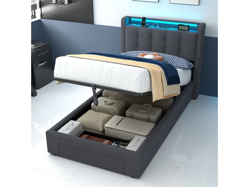  Lit coffre simple 90x200 cm avec led et tiroir, coloris gris  - Conforama E