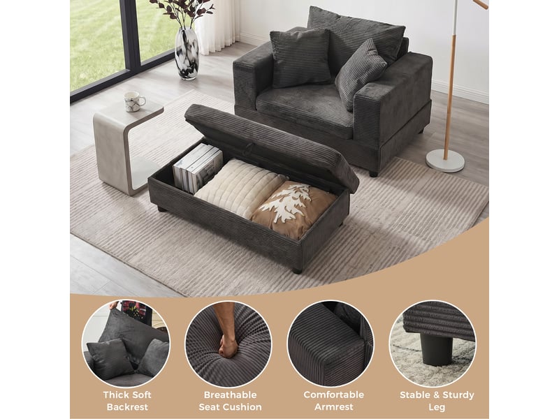  Chaise longue,107x74x57 cm,avec rangement et 3 coussins,velours côtelé,gris  - Conforama D