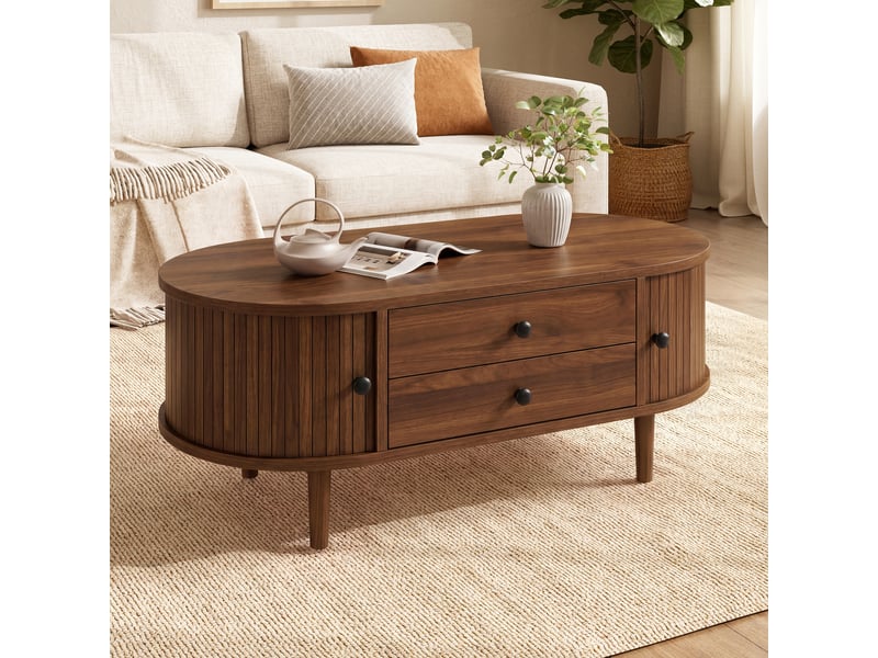  Table basse ovale-100x50x40cm-avec 2 tiroirs et portes coulissantes effet rainuré-noyer GL Store - Conforama E