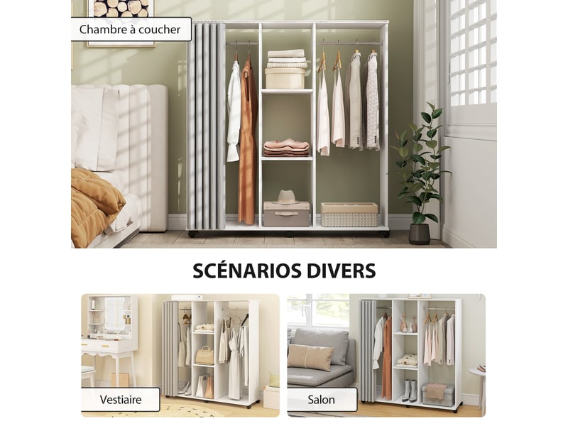  Armoire penderie meuble de rangement mobile 6 roulettes 120l x 40l x 128h cm en bois blanc  - Conforama E