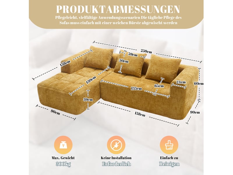 Canapé d'angle modenvie 3 places modulable avec chaise longue en chenille jaune 250 x 158 x 60 cm - Conforama C