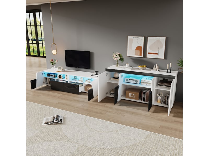  Ensemble meuble tv et buffet noir et blanc, meuble tv mural led 180 cm et buffet 4 portes 140 cm, façades brillantes  - Conforama W