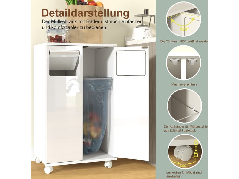 Meuble de tri des déchets 46,7 x 35 x 80 cm blanc brillant mdf, 2 compartiments sur roulettes cuisine - Conforama D