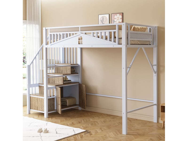  Lit mezzanine métal 90 x 200 cm rangement marches, barrière patchwork fenêtre, sous-lit, mdf, blanc sans matelas  - Conforama R