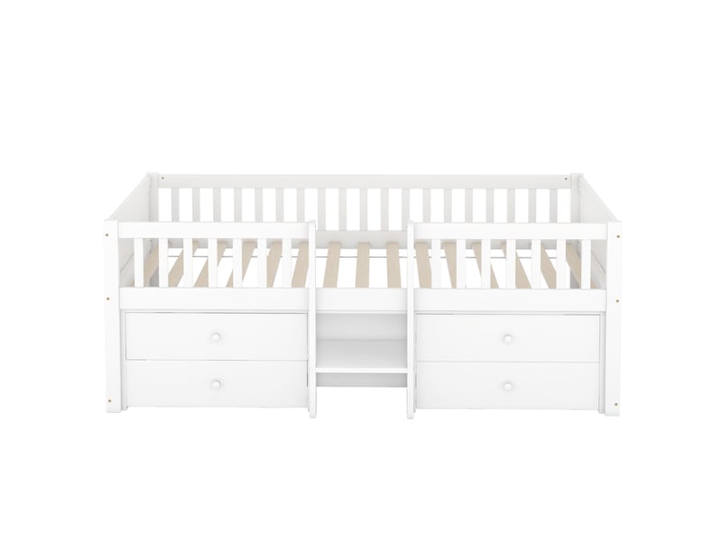  Lit mi-hauteur blanc 90x200 cm en pin, 4 tiroirs, garde-corps et échelle  - Conforama A