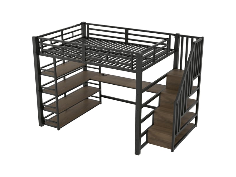  Lit mezzanine 140 x 200 cm, métal, escalier, bureau, rangements, usb, led, noir  - Conforama E