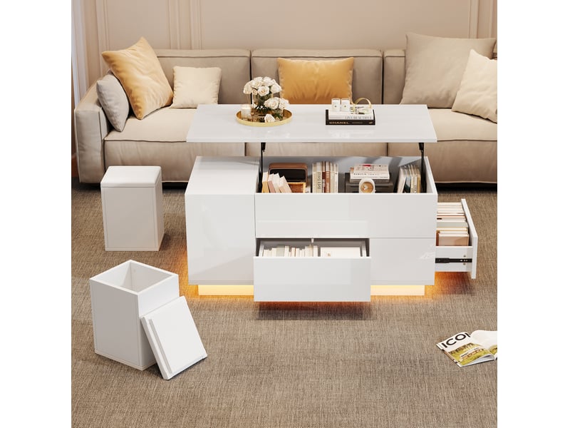  Table basse 100x50x45 cm relevable avec led panneau de particules blanche  - Conforama C
