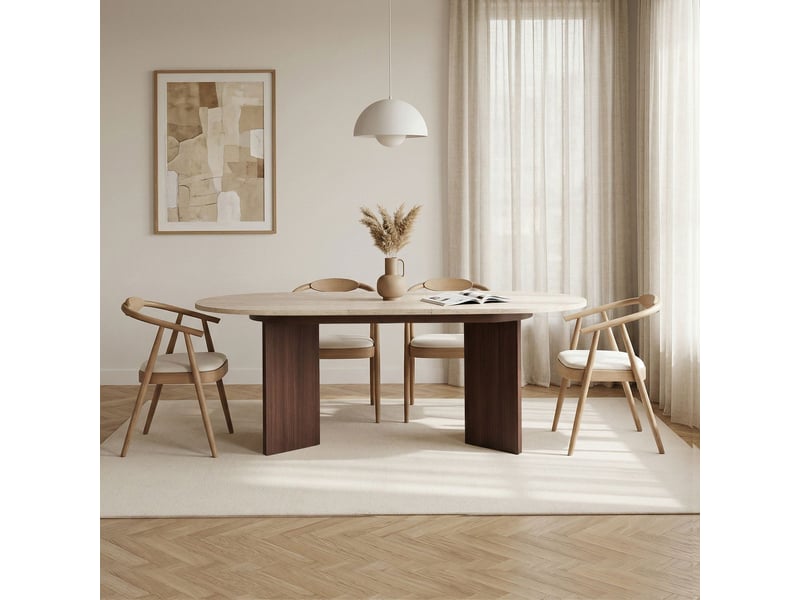  Table à manger extensible ovale couleur beige et bois foncé 160-200 cm  - Conforama E