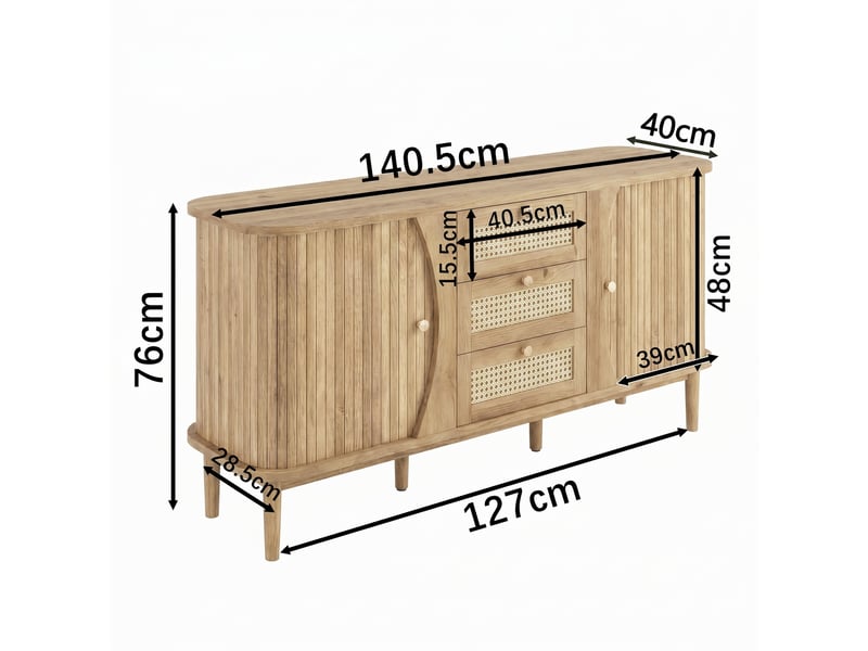 Buffet bas 140,5x40x76 cm - meuble de rangement en bois avec étagères réglables, portes coulissantes et 3 tiroirs cannage rotin- bois naturel - Conforama C