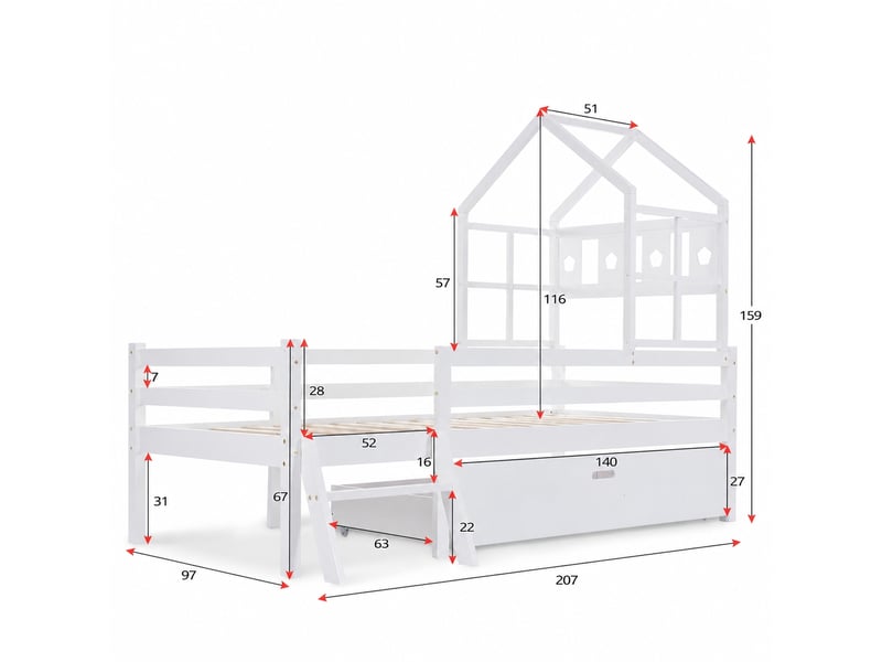  Lit cabane enfant 90x200 cm avec échelle et tiroir, pin massif et mdf, blanc  - Conforama C