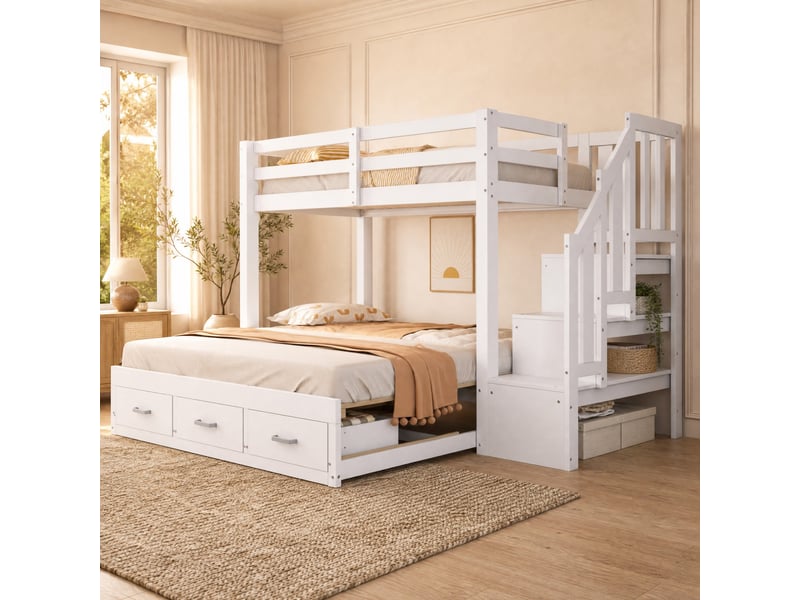 Lit superposé avec couchage inférieur extensible 90180x190 cm et rangements, blanc - Conforama C