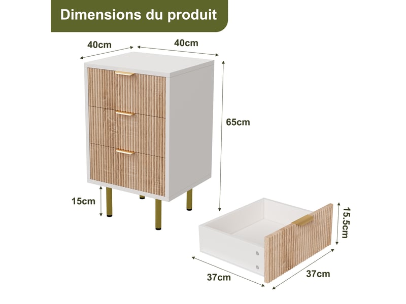  Lot de 2 table de chevet ,table à chevet avec 3 tiroirs ,commode, motif à rayures,40 x 40 x 65 cm, couleur bois  - Conforama C