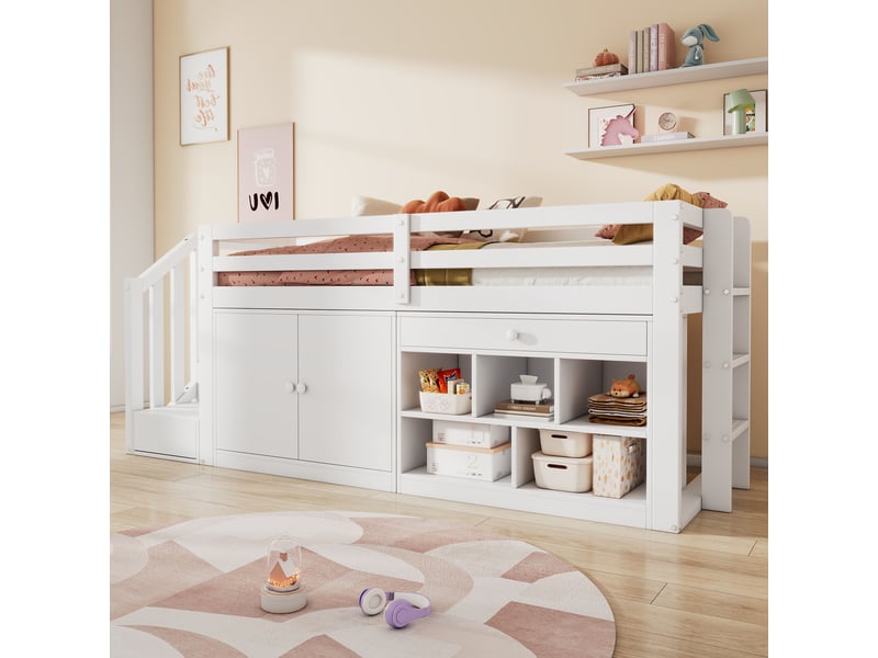  Lit enfant multifonction 90x200 blanc avec escalier et rangement - tiroirs convertibles en bureau  - Conforama R
