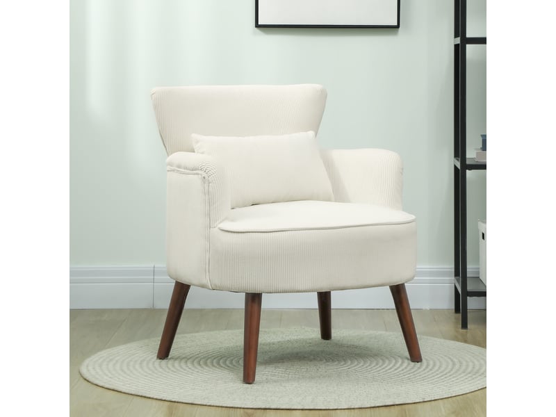  Fauteuil rembourré avec coussin lombaire lavable et pieds en bois, polyester blanc crème  - Conforama B