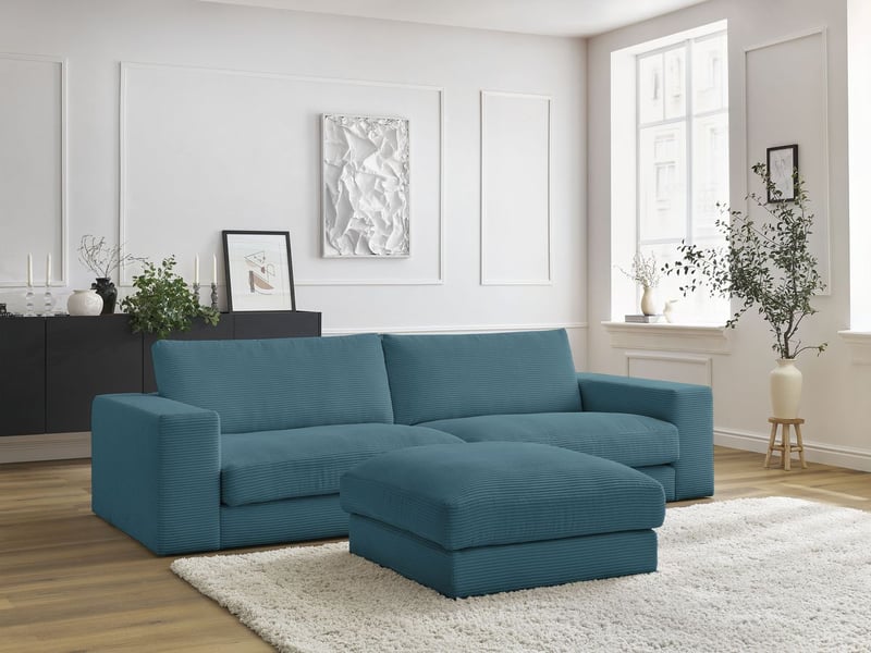 Bobochic canapé droit fixe 3 places leonard velours côtelé avec pouf bleu clair LEONARD - Conforama C