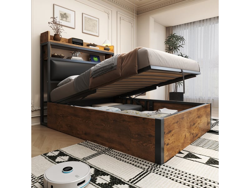  Lit coffre rembourré 90x200 cm, lit simple, rangement hydraulique, tête de lit avec étagère, usb, métal et décor bois, noir CozyNest - Conforama D