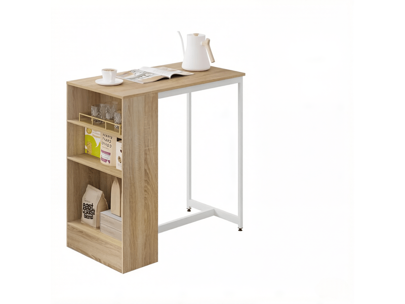  Table de salle à manger avec 3 étagères, rangement pour bouteilles et verres, pour cuisine, en métal et panneaux, blanc et chêne clair  - Conforama A