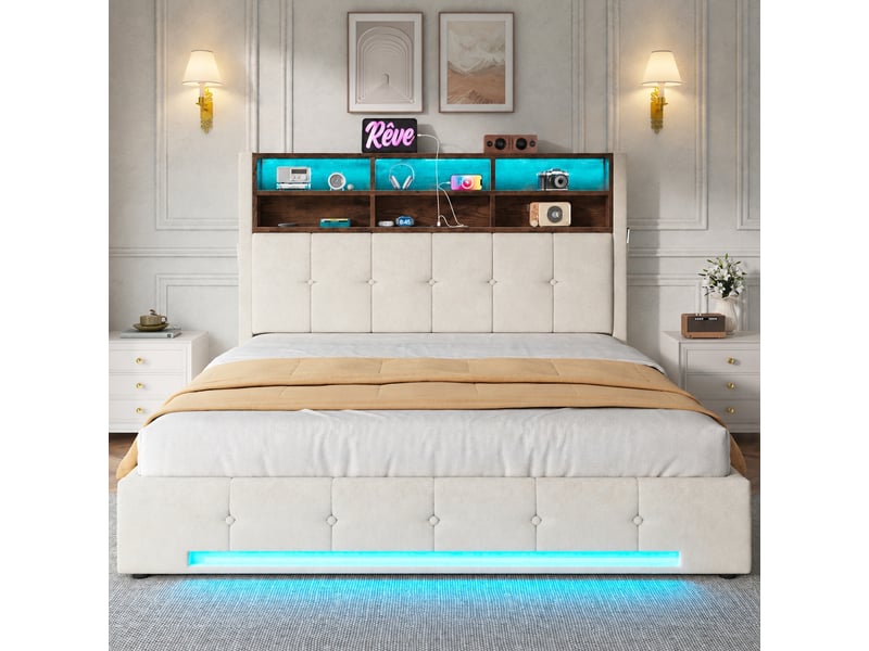  Lit coffre 180x200 en velours beige, ouverture hydraulique, tête de lit à 6 niches, usb-c et led  - Conforama D