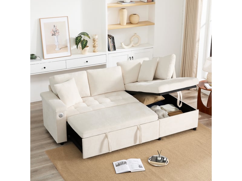 Canapé d'angle convertible moderne avec espace de rangement, port de charge usb, compartiments de rangement dans les accoudoirs et deux coussins – beige. - Conforama D