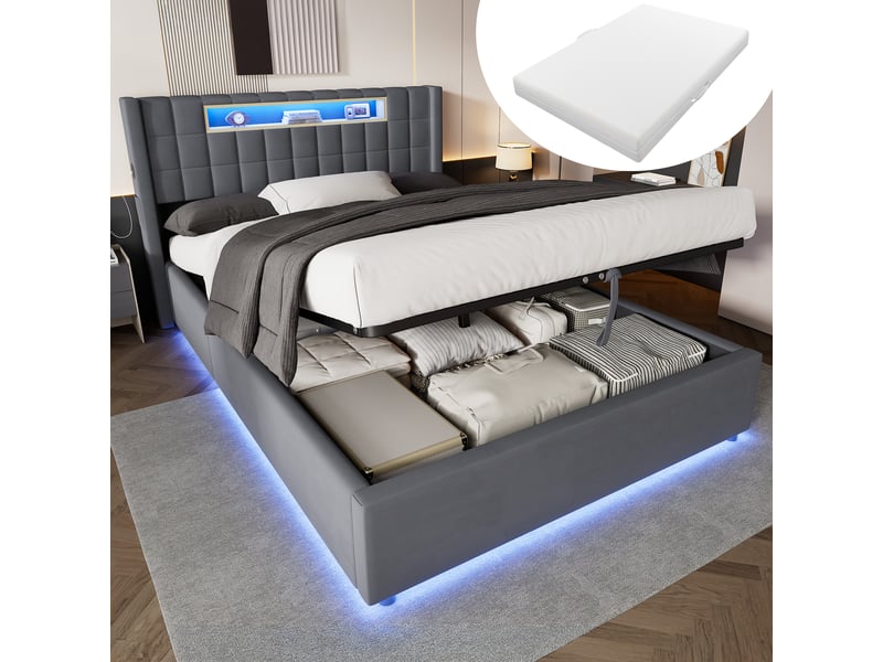 Lit pour enfant 140 × 200 cm 2 places avec matelas et fonction de recharge, lit rembourré avec compartiments ouverts et éclairage led, lit avec coffre de rangement, gris - Conforama B