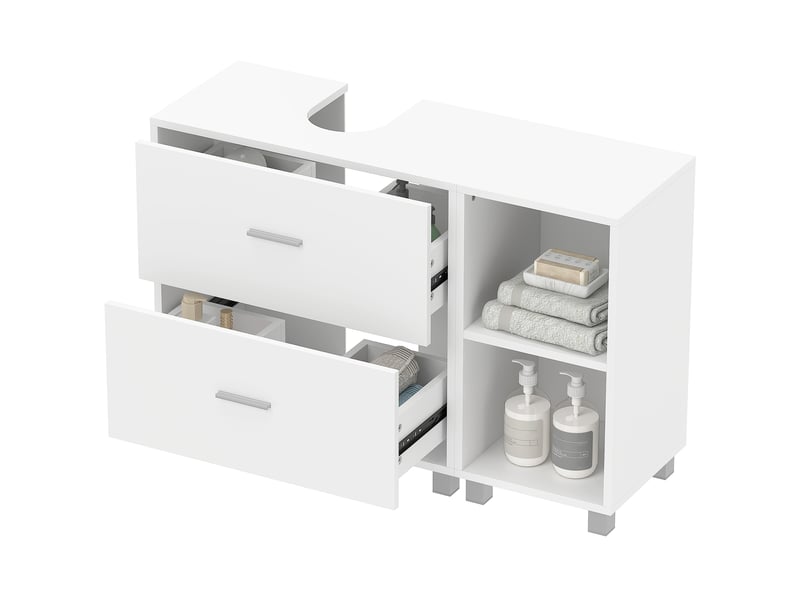  Meuble sous lavabo pour vasque suspendue sans colonne, 2 tiroirs, étagères, blanc, 90 cm  - Conforama B